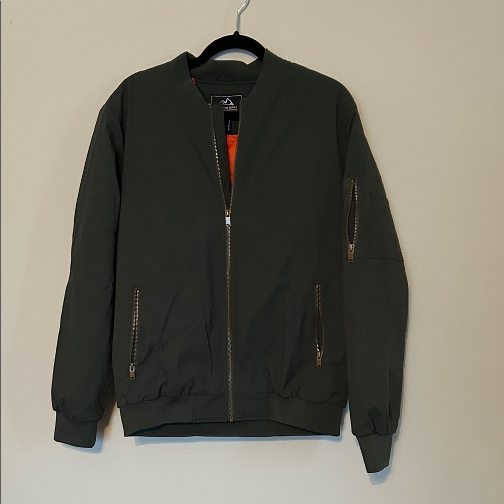 Olive Green Bomber Jacket with Zippered Pockets